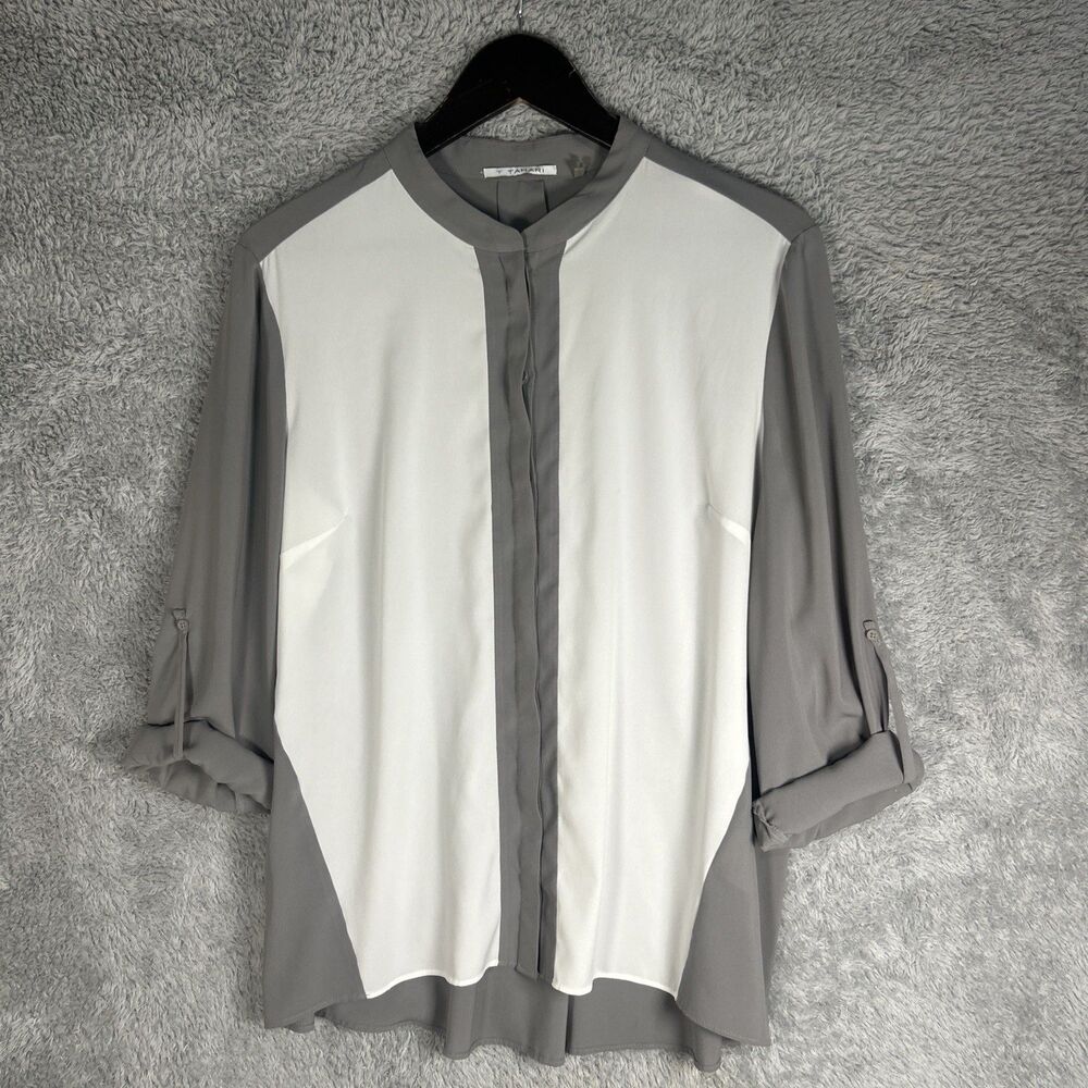 Tahari Blouse Womens L Gray White Colorblock Roll‎ Tab Sleeve Minimalist Work